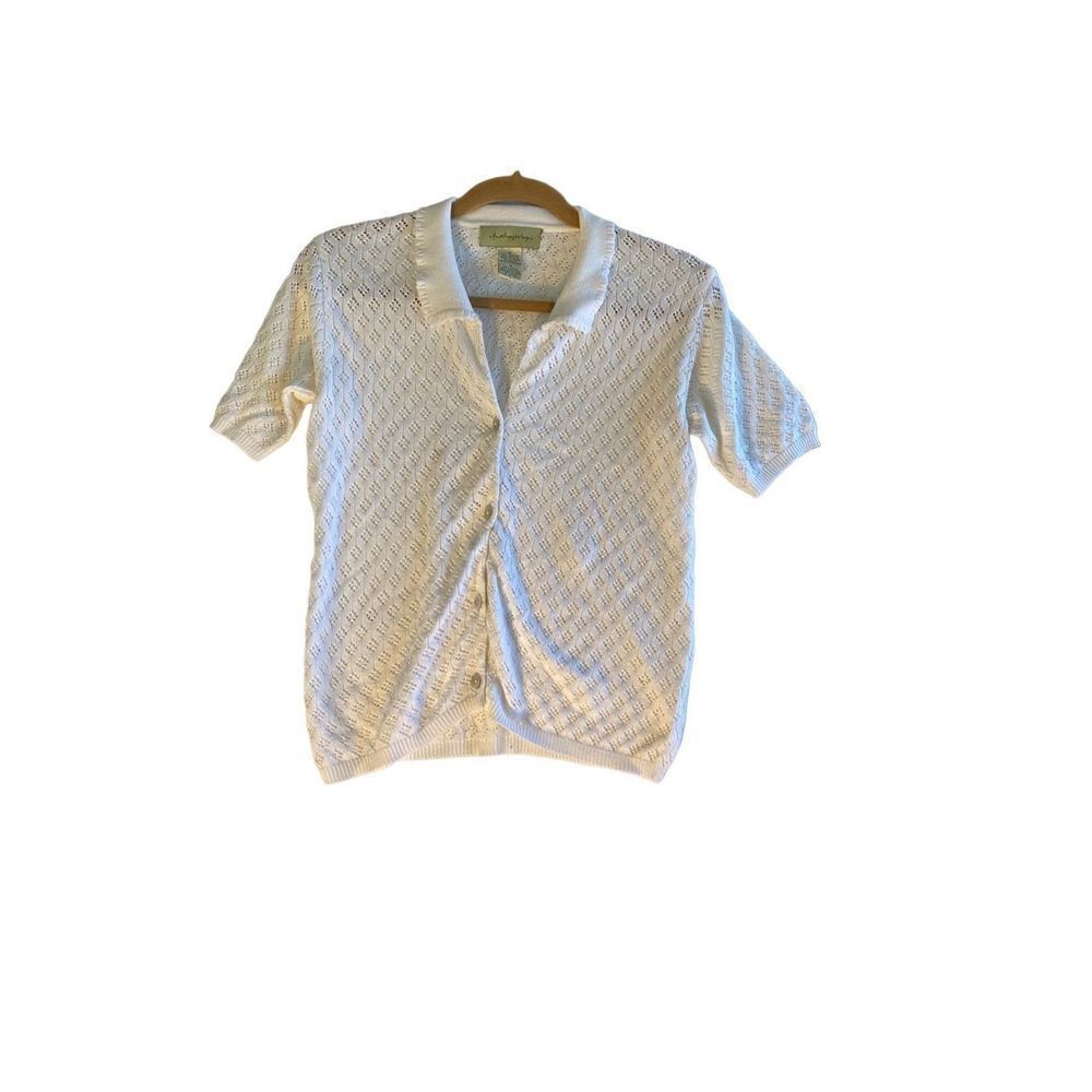 Anthropology, vintage white open net, button-down, short sleeve, sweater, size m